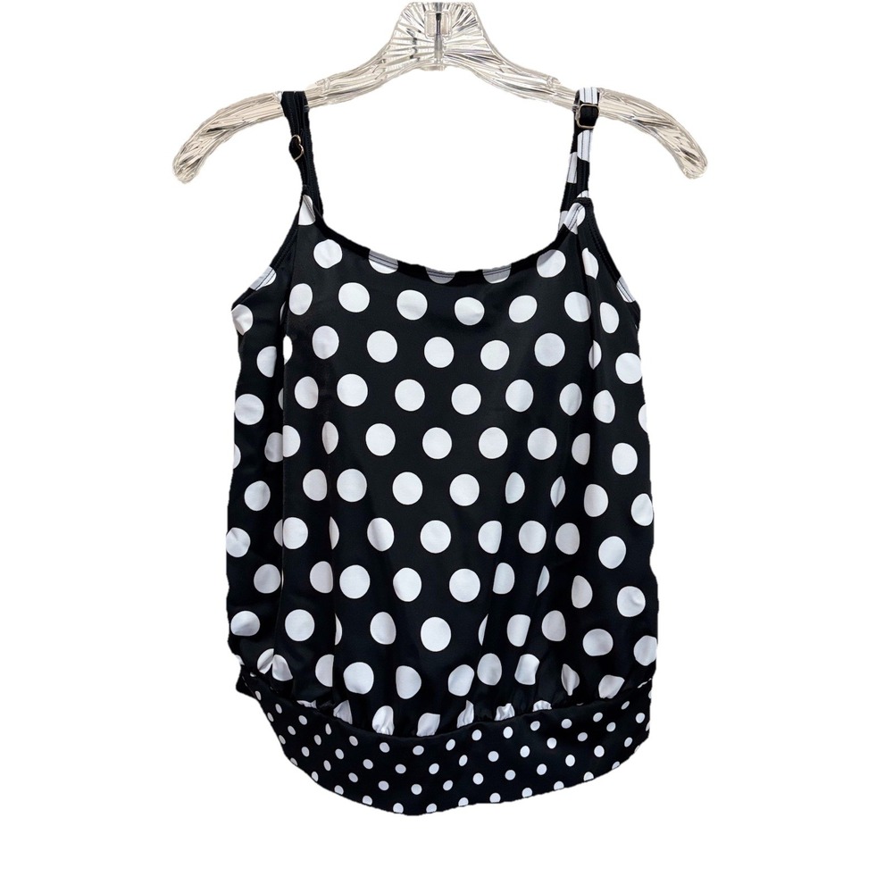 Liz Claiborne‎ Tankini Top Black/White Polkadot Built In Bra Size 10 Adj Straps